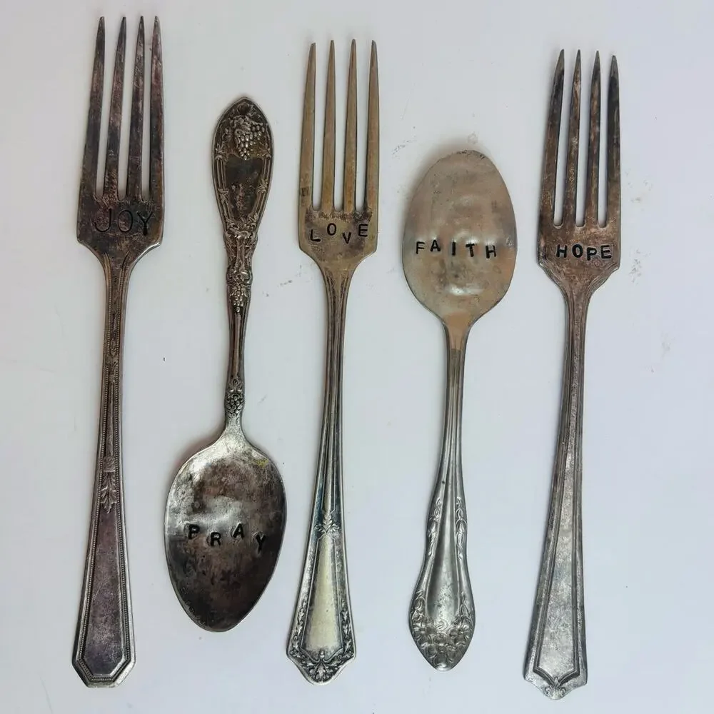 Antique Silverware 3 Forks, 2 Spoons. Engraved Joy, Hope, Love, Pray, Faith
